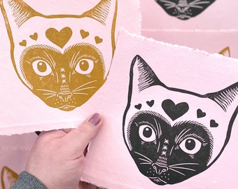 Impresión de bloque de cara de gato siamés de San Valentín / Felino / Corazón / Vintage Retro / Impresión Linograbado