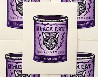 Impresión en relieve de lata de café espresso de gato negro / Arte alimentario / Arte de gato / Arte de cocina / Impresión en bloque Linocut hecha a mano