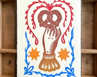 Folk Art Pretzel Handmade Block Print | Fraktur | Pennsylvania Dutch | Gallery Wall | Linocut