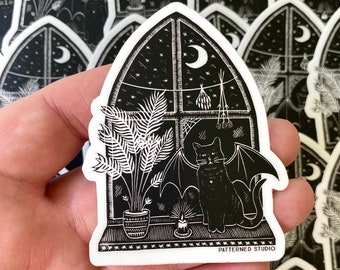 Witch's Familiar Halloween Katzen Sticker | Gotisches Fenster | Kathedrale Fenster | Schwarze Katze | Fledermaus Katze | Halloween | Spooky Season