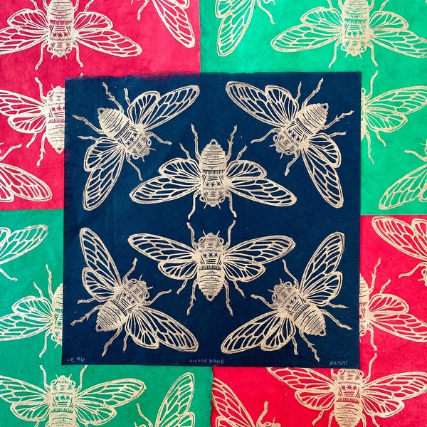 Cicada Dance Block Print - Brood X Insect Magicicada Entomology Bug Art Linocut Relief Print