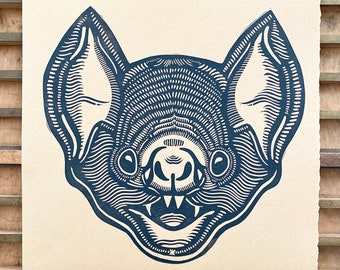 Vampire Bat Block Print | Spooky Cute | Nocturnal Bat | Halloween Art | Linocut | Halloween Mask