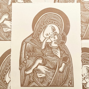 Madonna & Child Orthodox Icon Linocut Print | Religious Art | Nativity | Christmas | Nursery Art | Iconography | Virgin Mary | Relief Print