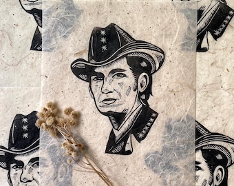 Townes Van Zandt Block Print Portrait - Relief Print Folk Music Outlaw Country