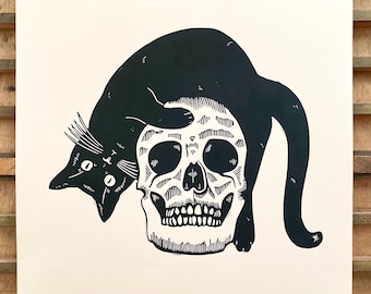 Black Cat Memento Mori Skull Linocut Print | Block Print | Whimsigoth | Skull Art | Cat Print