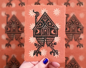 Baba Yaga's House Block Print | Witch Art | Folk Art  | Mini Print | Halloween Art | Cottage Core | Linocut | Relief Print