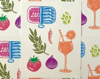 Impresión en bloque de bocados mediterráneos / Pescado enlatado / Productos de verano / Aperol Spritz / Comida italiana / Regalo de cocina / Impresión Linocut