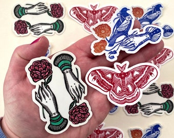 Victorian Ephemera Sticker Trio | Cecropia Moth | Victorian Hand | Botanical | Pigeon | Victoriana | Water Bottle Sticker