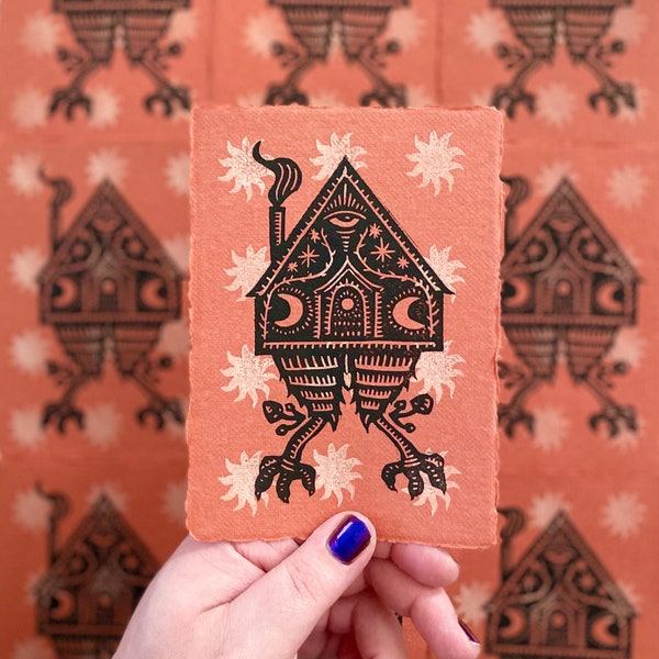 Baba Yaga's House Block Print | Witch Art | Folk Tales | Mini Print | Halloween Art | Witch Art | Linocut | Relief Print