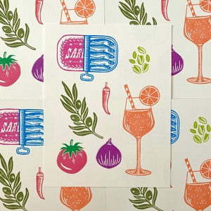 Mediterranean Bites Block Print | Tinned Fish | Summer Produce | Aperol Spritz | Italian Food | Kitchen Gift | Linocut Print