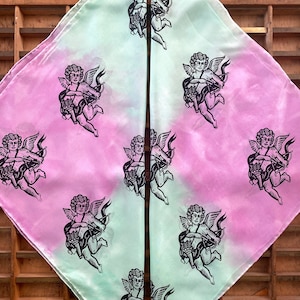 Cupid&#39;s Arrow Pastel Silk Scarf | Hand Dyed | Hand Block Print | Hand Printed Textiles | Linocut Relief Print Scarf | Bandana