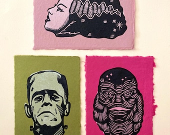 Monster Block Prints | Frankenstein | Bride of Frankenstein | Creature from the Black Lagoon | Gill-man | Classic Horror | Halloween