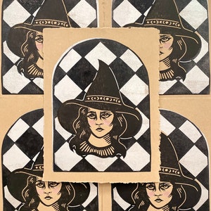 Resting Witch Face Block Print | Classic Vintage Witch | Halloween Art | Witch Art | Linocut | Relief Print