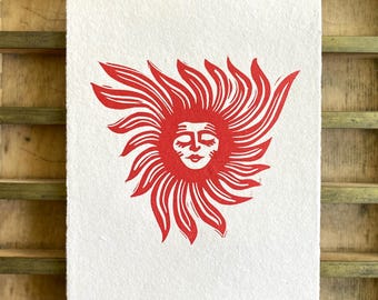 Handmade Celestial Gentle Sun Linocut Print | Whimsical Art | Gallery Wall