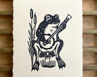Whimsical Banjo Frog Handmade Linocut Print | Cottagecore | Gallery Wall | Animal Art