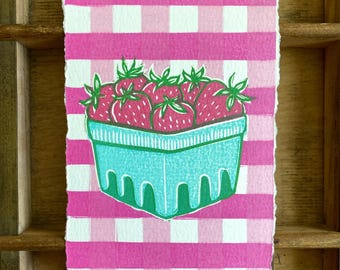 Handmade Strawberry Basket Linocut Print | Gingham | Summer Food | Cottagecore | Kitchen Art