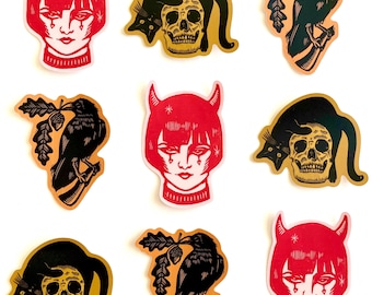 Halloween Linocut Style Sticker Pack | Autumn | Black Cat | Raven | Unique Water Bottle Laptop Sticker