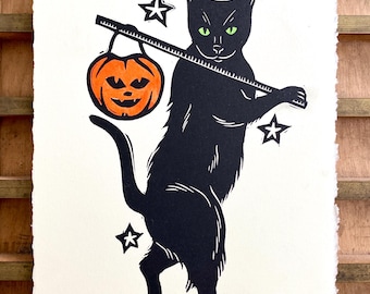 Handmade Happy Halloween Black Cat Linocut Print | Relief Print | Cat Art | Gallery Wall