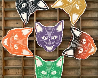 Handmade Halloween Cat Block Print Garland | Halloween Decor | Retro Halloween | Cat Gift | Bunting | Party Decor