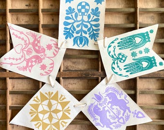 Handmade Block Printed Folk Art Garland | Pennsylvania Dutch Fraktur | Hex Sign | Cottagecore | Bunting
