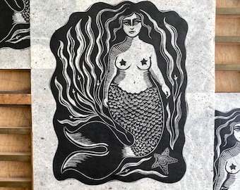 Mermaid Handmade Linocut Print | Traditional Tattoo | Beach Art