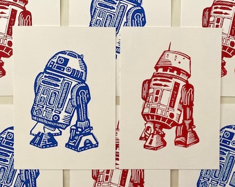 R2-D2 | R5-D4 | Droids Block Print | Star Wars Inspired | Linocut Relief Print