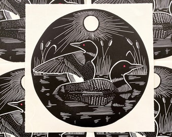 Impresión en bloque de linograbado de dos somorgujos - Impresión en relieve aviar de ornitología de aves