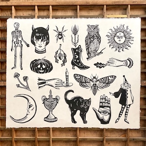 Halloween Giant Flash Sheet Linocut Block Print | Handprinted Art | Handmade Print | Victorian Goth | Autumn | Medieval | Relief Print