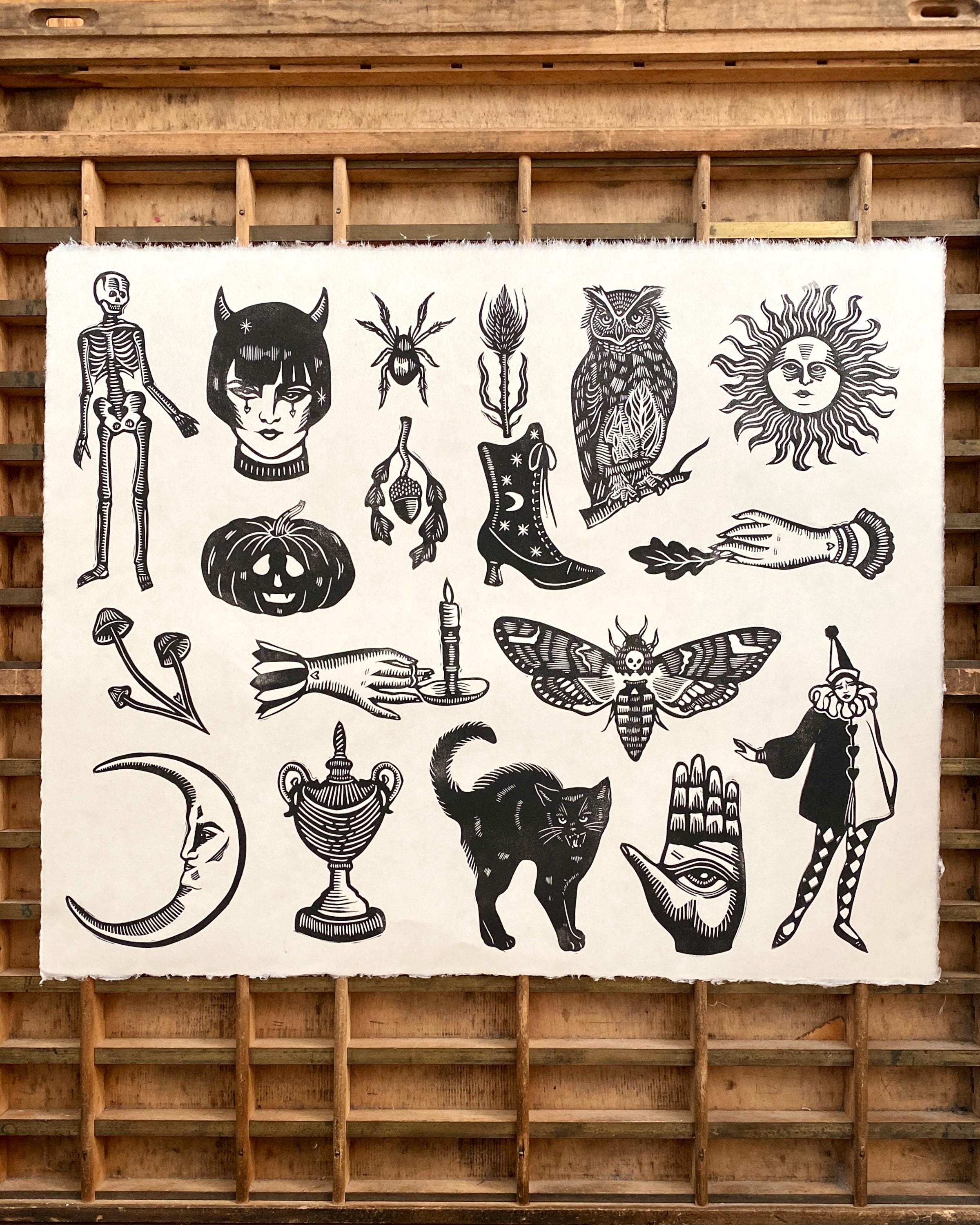 Halloween Giant Flash Sheet Linocut Block Print | Handprinted Art | Handmade Print | Victorian Goth | Autumn | Medieval | Relief Print