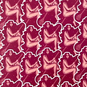 May include: A repeating pattern of stickers featuring a woman with long hair riding a broomstick against a starry night sky background. The stickers are white with a pink outline and a pink interior.