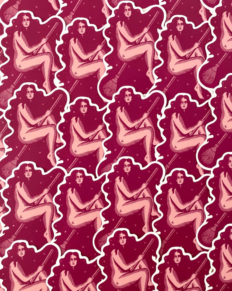 May include: A repeating pattern of stickers featuring a woman with long hair riding a broomstick against a starry night sky background. The stickers are white with a pink outline and a pink interior.