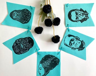 Monster Mash Classic Horror Handmade Block Print Canvas Garland | Unique Halloween Decor | Bunting