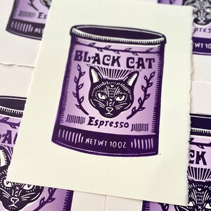 Black Cat Espresso Coffee Can Relief Print Food Art Cat Art Kitchen Art Handmade Linocut Block Print Bild 2