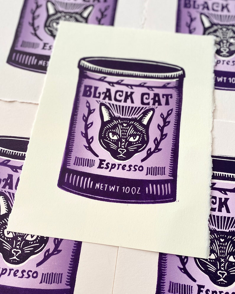 Black Cat Espresso Coffee Can Relief Print Food Art Cat Art Kitchen Art Handmade Linocut Block Print Bild 2