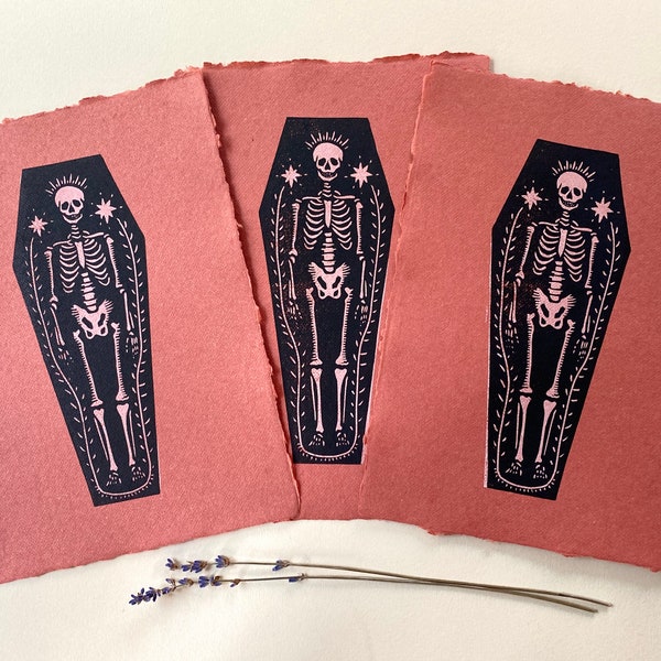 Folk Art Skeleton Coffin Relief Print| Halloween Decor | Memento Mori | Handmade Print | Linocut | Block Print