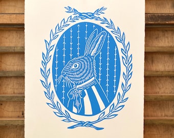 Gentlebun Rabbit Block Print - Whimsical Bunny Nature Animal Art Linocut Relief Print