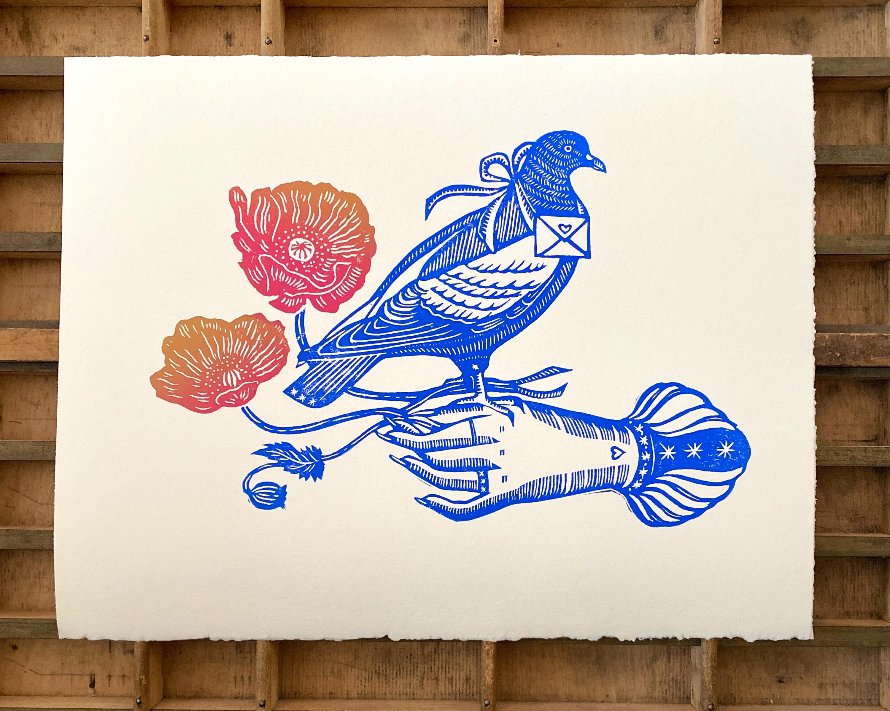 Messenger Pigeon Victorian Hand Linocut Block Print | Romantic Victorian Goth | Botanical Poppies | Handmade Print | Gallery Wall