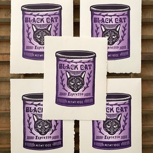 Black Cat Espresso Coffee Can Relief Print Food Art Cat Art Kitchen Art Handmade Linocut Block Print Bild 4
