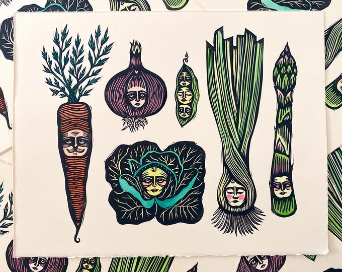 Handmade Linocut Mixed Vegetables Print | Gallery Wall | Food Art | Asparagus Leek Carrot Onion Peas Cabbage | Quirky Whimsical Art