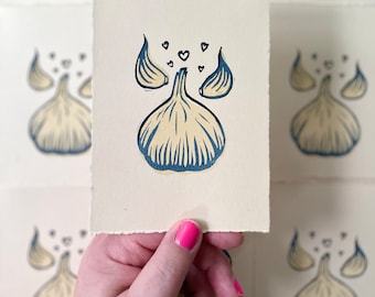 Garlic Love Mini Block Print - Quirky Cute Allium Cooking Kitchen Gift Linocut Relief Print