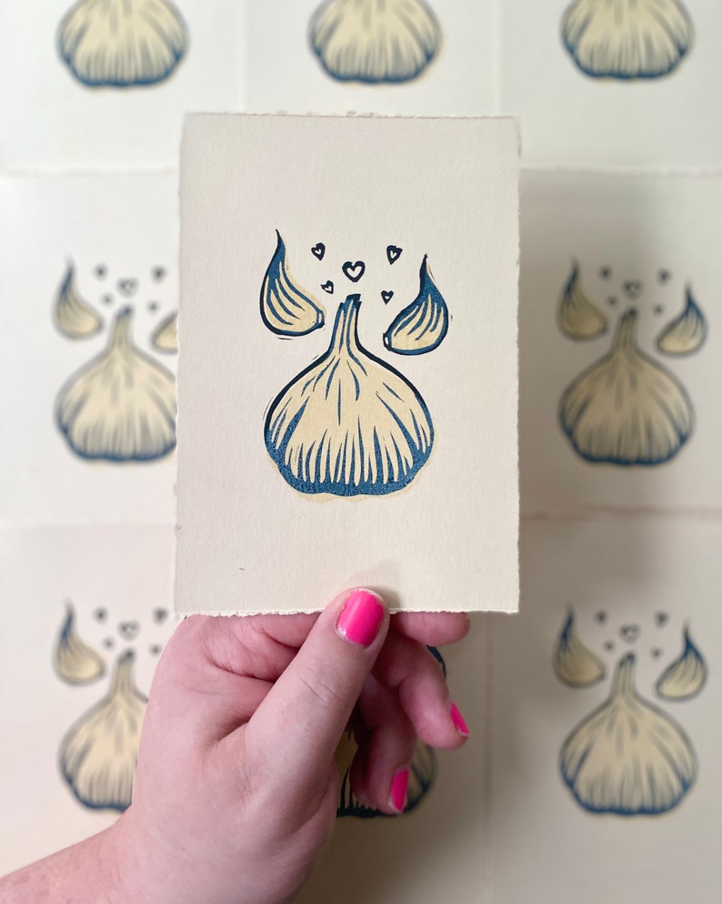 Garlic Love Mini Block Print Quirky Cute Allium Cooking Kitchen Gift Linocut Relief Print image 1