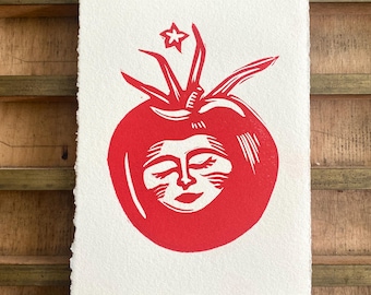 Tomato Girl Handmade Linocut Print | Unique Kitchen Art | Whimsical Food Art | Summer Produce