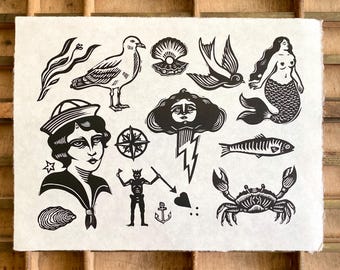 Nautical Tattoo Flash Handmade Linocut Print | Traditional Tattoo | Pirate | Unique Gallery Wall Art