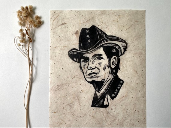 Townes Van Zandt Block Print Portrait - Relief Print Folk Music