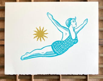 Handmade Vintage Swimmer Diving Lady Linocut Print | Summer Art | Beach House Art | Swimming Pool