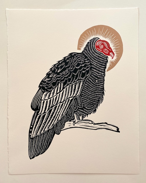 Saint Scavenger Turkey Vulture Linocut Block Print | Bird Art