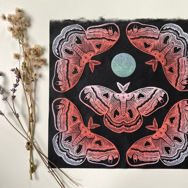 Moth Moon Cecropia Moth Block Print- Nature Insect Entomology Summer Linocut Relief Print Wall Hanging Decoration