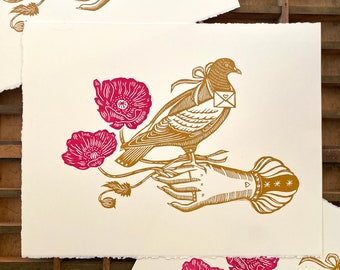 Messenger Pigeon Victorian Hand Linocut Block Print - Romantic Victorian Goth Botanical Floral Poppies Love Note Relief Print