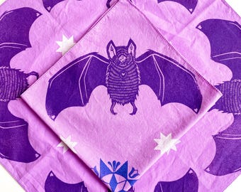 Handmade Block Print Vampire Bat Bandana | Unique Halloween | Autumn | Hand Printed Textiles
