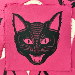 Handmade Halloween Black Cat Linocut Print | Retro Halloween | Cat Art | Gallery Wall